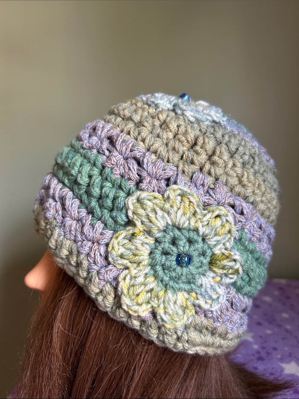 Handmade Crochet Flower Beanie in Pastel Greens medium acrylic